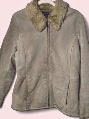 George Women Taupe Beige Genuine Leather Faux Fur Collar Jacket Coat Size